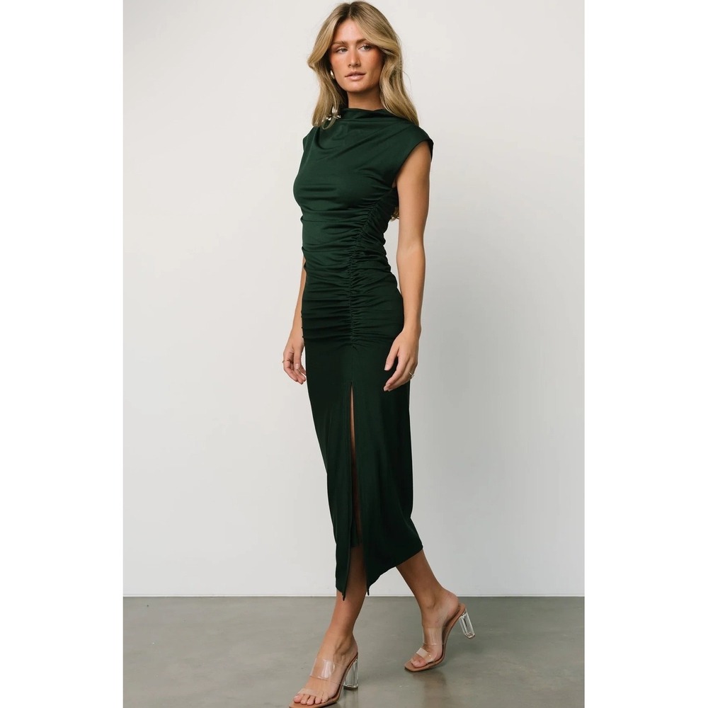 Baltic Born Sasha Ruched Maxi Dress Small Green High Cowl Neck Formal Sleeveless